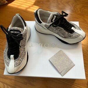 JIMMY CHOO RAINE GLITTER WHITE CALF LEATHER CHUNKY SNEAKER WOMEN’S EURO SIZE 35